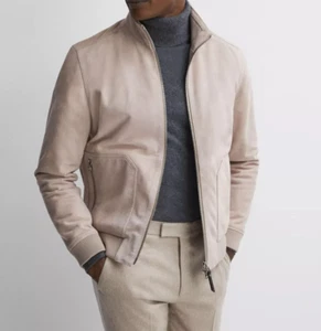 Giacca uomo pelle scamosciata bianco sporco 100% pura pelle scamosciata volo/bomber biker jacket - Foto 1 di 13