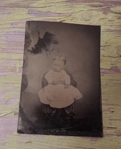 Toddler in Fancy Clothing Antique Vintage Tin Type Photo 3 3/4X 2 1/2" - Picture 1 of 4