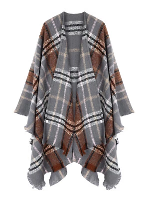 Women's Boho Open Front Poncho Knitted Plaid Shawl Wrap Cape Tassel Cardigan  - Image 1 of 4