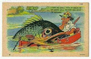¡La pandilla nunca me creerá de todos modos! Postal de exageración de pesca años 30 - Imagen 1 de 2