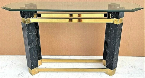 1980's Hollywood Regency Brass Faux Marble & Beveled Glass Console Table Cover