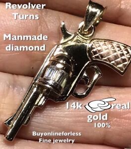 GOLD Gun Pistol Revolver handgun Pendant 14k Simulate diamond Movable necklace