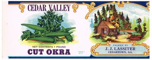 ORIGINAL VINTAGE TIN CAN LABEL 1920S CEDARTOWN GEORGIA LOG CABIN CUT OKRA - Picture 1 of 1