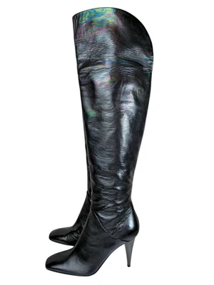 Bottes hautes Giuseppe Zanotti en cuir irisé noir talon haut bout carré 38 1/2 - Photo 1/4