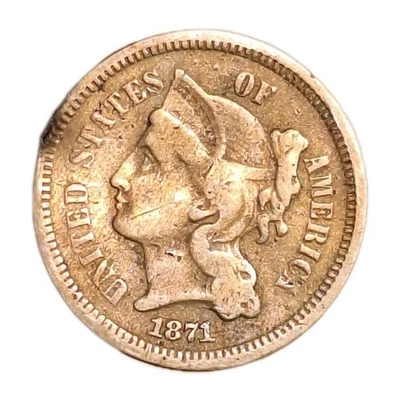 Tougher Date 1871 3 Cent Nickel Low Mintage Only 604,000 Decent Details Damaged  - Image 1 of 4