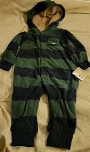 BNWT Infant 12M Carters Hooded Green Blue Striped Button Up Jumpsuit Fleece - Picture 1 of 5