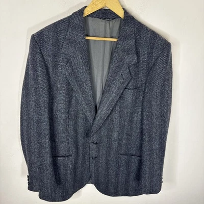 Casaco esportivo Harris Tweed 44L longo cinza azul espinha de peixe blazer tecido à mão Escócia - Imagem 1 de 4