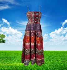 Women Maxi Dress, Stylish Summer Dresses, Empire Waist Tiered Pink Beach S/M