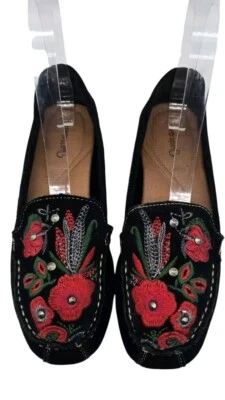 Baretraps Womens Otella Floral Embroidered Black Suede Loafers Size 8 - Image 1 of 4