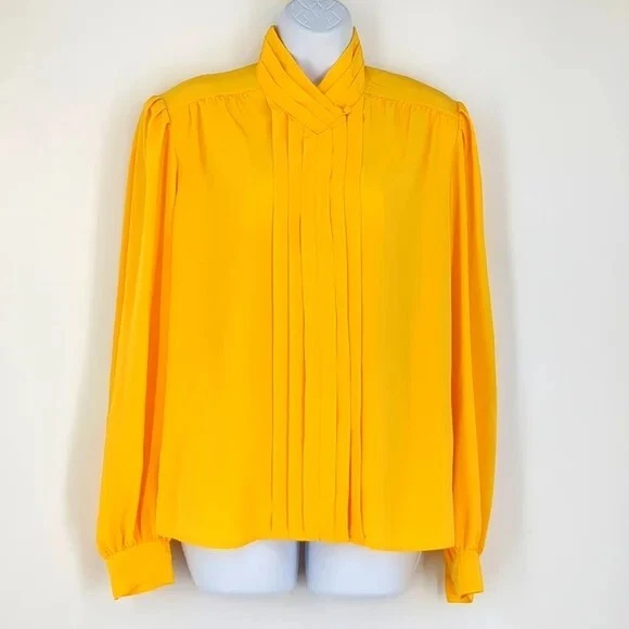 Blusa Vintage Años 90 Satén Brillante Brillante Satinado Amarillo Cuello Alto Plisado Delantero 12 Foto 1 de 4