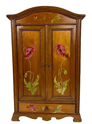 Antique Art Nouveau French Hand Painted Poppies Wood Cabinet Cupboard Shelves • 225£