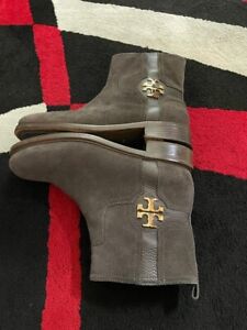 Tory Burch Brown Suede Ankle Boot Gold Logo Women's Size 8.5M