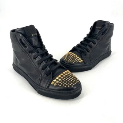 GUCCI Auténtico Clásico Cuero Negro Dorado Tachonado Parte Superior Alta Zapatilla con Cordones 5.5 Foto 1 de 4