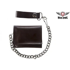 Plain BROWN  Biker Tri-Fold Chain Wallt GENUINE LEATHER WITH12" CHAIN#AC53-BROWN - Picture 1 of 2
