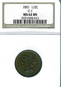 1851 Braided Hair Half Cent : NGC MS62BN C-1 Variety - Picture 1 of 2