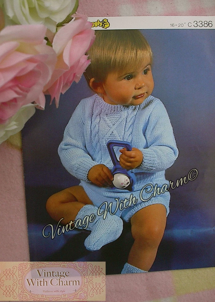 Vintage Knitting Pattern Baby Boys Patterned Sweater Pants & Socks - Image 1 of 1