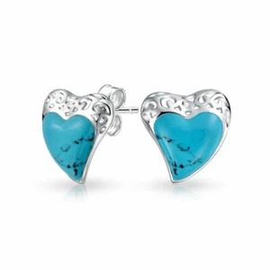 Bali Filigree Turquoise Heart Stud Earrings for Girlfriend in Sterling Silver - Picture 1 of 3