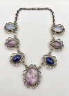 Vtg Mexican Taxco Sterling Silver Amethyst Agate Jade Revisable Necklace -193.7g