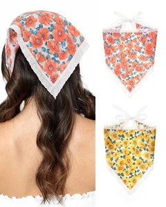 2Pcs Floral Hair Bandanas Head Kerchief for Women Girls Print Cotton Hair Scarf - Picture 1 of 7