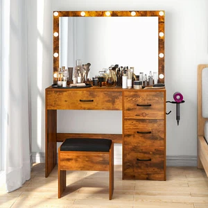 Makeup Vanity Desk with LED Lighted Mirror with 3 Color Lighting with 4 drawers - Picture 1 of 6