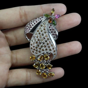 925 Sterling Silver Brooch Round Sapphire Tourmaline Natural Gemstone jewelry - Picture 1 of 13