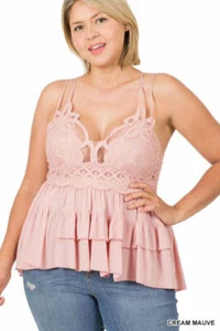 Tank donna Zenana nuovo con etichette uncinetto pizzo a strati volant peplum cami cinturino regolabile - Foto 1 di 19