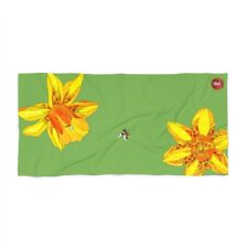 70s Daffodils & Bee RETRO Beach Towel - Vintage Bees Green Floral Towels