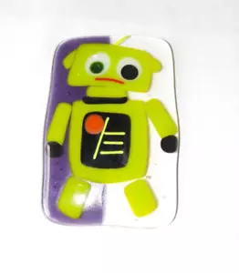 Fused Glass Green Robot Tile 2.75" x 4" Modern Sci-Fi Clear Purple Rectangle - Picture 1 of 20