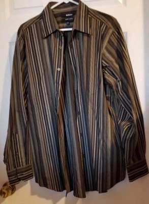 Nuevo Para Hombre MURANO Rayas Marrón, Dorado y Gris Manga Larga Talla Grande 17 x 22 Foto 1 de 3