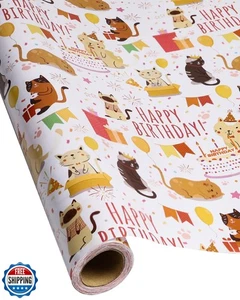 Cat Wrapping Paper for Girls and Boys,Cool Cute Cats Design Kids Happy Birthd - Picture 1 of 5