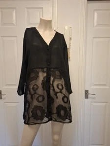 Charlotte Halton Chiffon Embroidered Flowers Black Long Top Size 10 - Picture 1 of 6