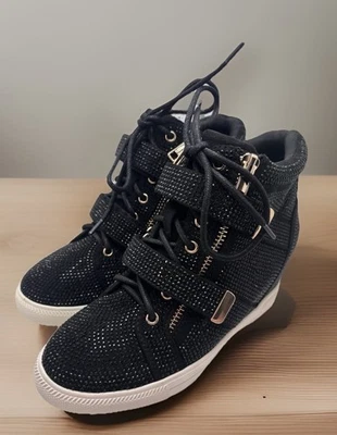 Thalia Sodi Black Rhinestone Sneaker Boot Wedge Shoe Size 5 Debby Bling NEW - Image 1 of 4