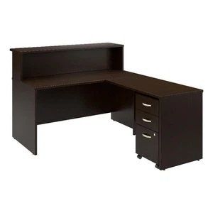 Pemberly Row 60W x 72D Wood L Reception Desk with Drawers in Mocha Cherry - Picture 1 of 11