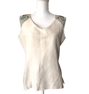 Esencia Maya Mexican Top Blouse Embroidered Size L White Gray Sleeveless Linen - Picture 1 of 5