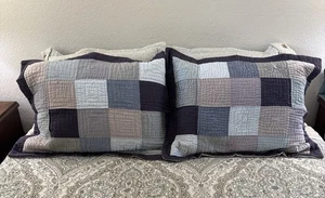 Juego de 2 fundas de almohada estándar de mezcla de algodón con estampado de retazos azul gris bronceado botón - Imagen 1 de 8