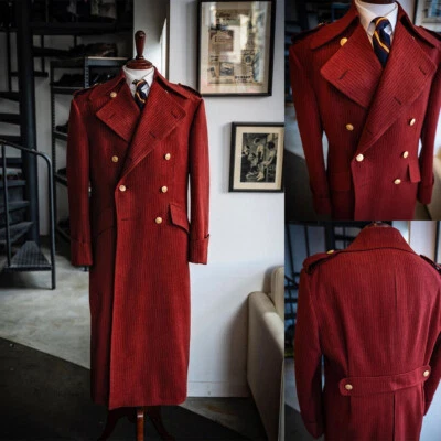 Men Long Overcoat Red Herringbone Wool Blend Coat Winter Business Outwear - Image 1 of 4