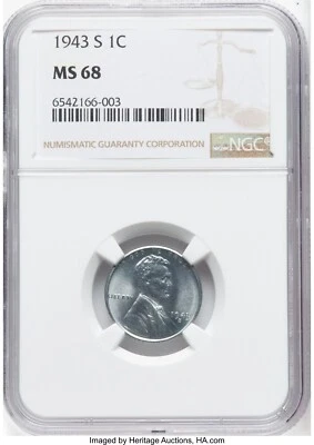 1943 S 1C Lincoln Cent Wheat Steel NGC MS68 Certified Grade Very Rare Find - Image 1 of 3
