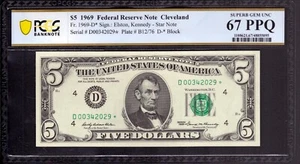 1969 $5 FEDERAL RESERVE STAR NOTE CLEVELAND FR.1969-D* PCGS B SUPERB GEM 67 PPQ - Picture 1 of 2
