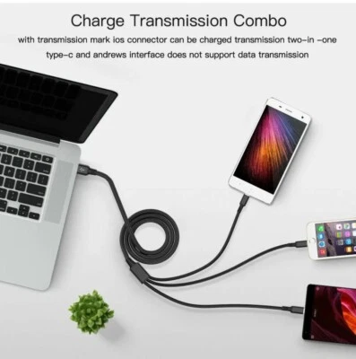 3 in1 Fast Charger Multi Braided For iPhone USB Cable Charger and Type C Android - Image 1 of 4
