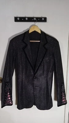 Black Lamé Blazer with Sequined Red Cutouts Custom Handmade 40R Dinner Jacket - Image 1 of 4