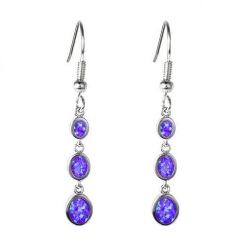 Cute New Silver Plated Purple Resin Fire Opal Triple Oval Hook Dangle Earrings - Image 1 of 1