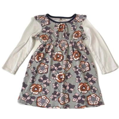Tea Collection Girls Fit & Flare Dress Gray Floral Long Sleeve Smocked Flowers 3 - Image 1 of 4