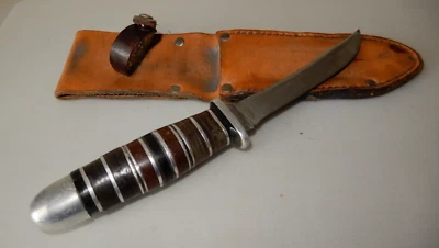 Cuchillo de punto de arrastre personalizado de 9 3/4", anillos de madera apilados + mango de aluminio, funda Foto 1 de 4
