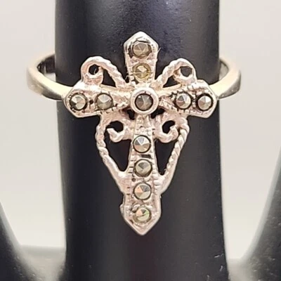 Cross Ring Marcasites Sterling Silver Filigree 925 Sz 6 MT - Image 1 of 4