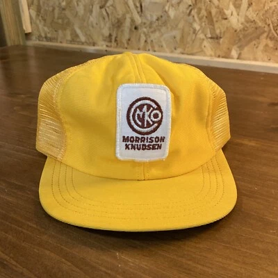 Chapéu caminhoneiro vintage Morrison Knudsen Corporation malha traseira amarelo vestuário de trabalho - Imagem 1 de 4