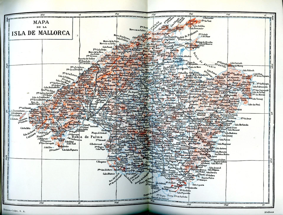 Mapas antigos Espanha Europa Maiorca leste Espanha Barcelona decoração arte de parede - Imagem 1 de 1