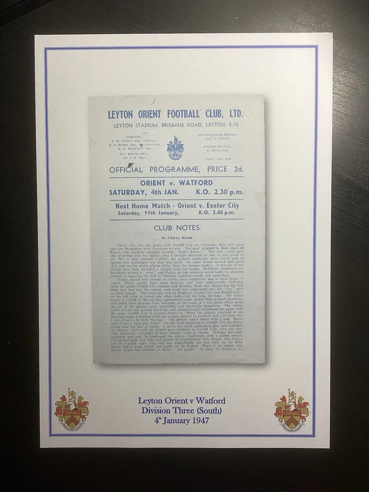 1946-47 Leyton Orient v Watford Division 3 South Programme PRINT - Image 1 of 1