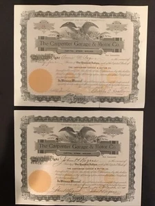 Two (2) 1900’s The Carpenter Garage & Motor Company Capital Stock Certificates - Picture 1 of 3