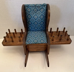 VTG Wood Rocking Chair Sewing Caddy / Pin Cushion, Thread Spool Holders, Drawer - Picture 1 of 9