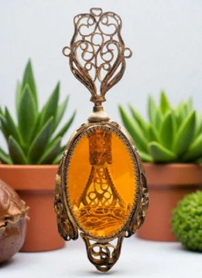 Vintage Ormolu Perfume Bottle Amber Glass Filigree Footed w/ Original Dauber - Image 1 of 4